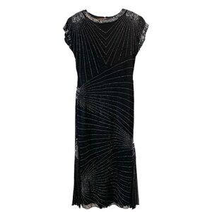 Vintage 80's Oleg Cassini Silk Beaded Sequined Long Evening Gown Black Size 8